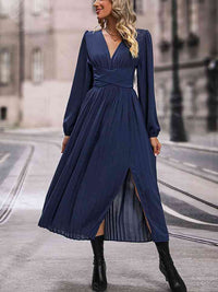 Womens Fashion Chiffon Dress Navy Blue V-Neck Long Sleeve Pleated Slit Dress Workwear and Casual