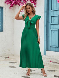 Women's Green Short Sleeve Tied Ruffled V-Neck Pleated Midi Dress