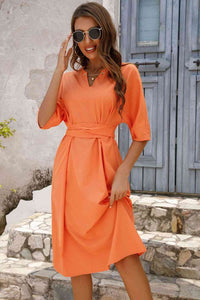 Women's Fashion Orange Shirt Dress  Notched Neck Half Sleeve Midi Dress