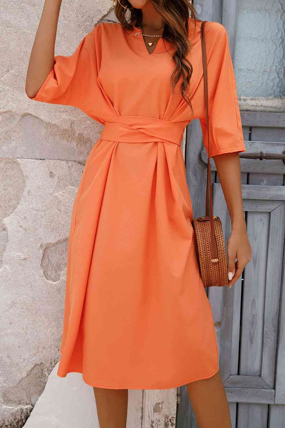 Women's Fashion Orange Shirt Dress  Notched Neck Half Sleeve Midi Dress