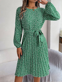 Ditsy Floral Tie Waist Pleated Long Sleeve Dress Women's Casual Wear and Workwear Fashion