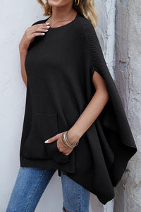 Waffle-Knit Pocketed Cape Sleeve Sleeveless Fashion Sweater