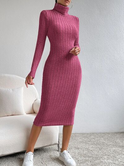 Turtleneck Long Sleeve Midi Sweater Dress New Womens Fashion