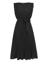 Round Neck Tie -Waist Pleated Short Sleeve Midi Dress Womens Fashion