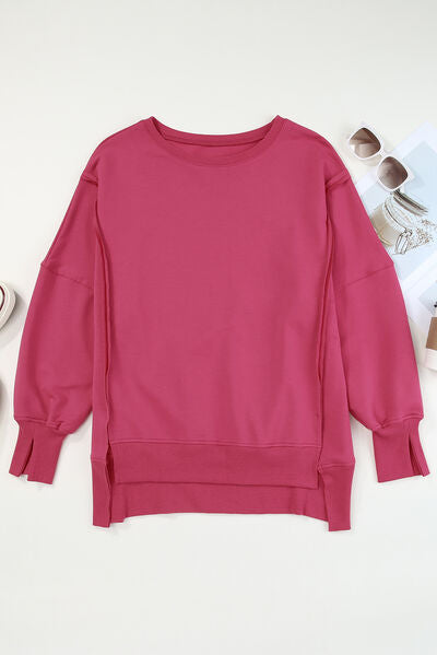 Fashion Sweater Slit Exposed Seam Round Neck Sweatshirt