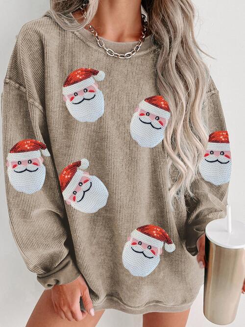 Sequin Santa Patch Ribbed Sweatshirt Holiday Christmas Sweater