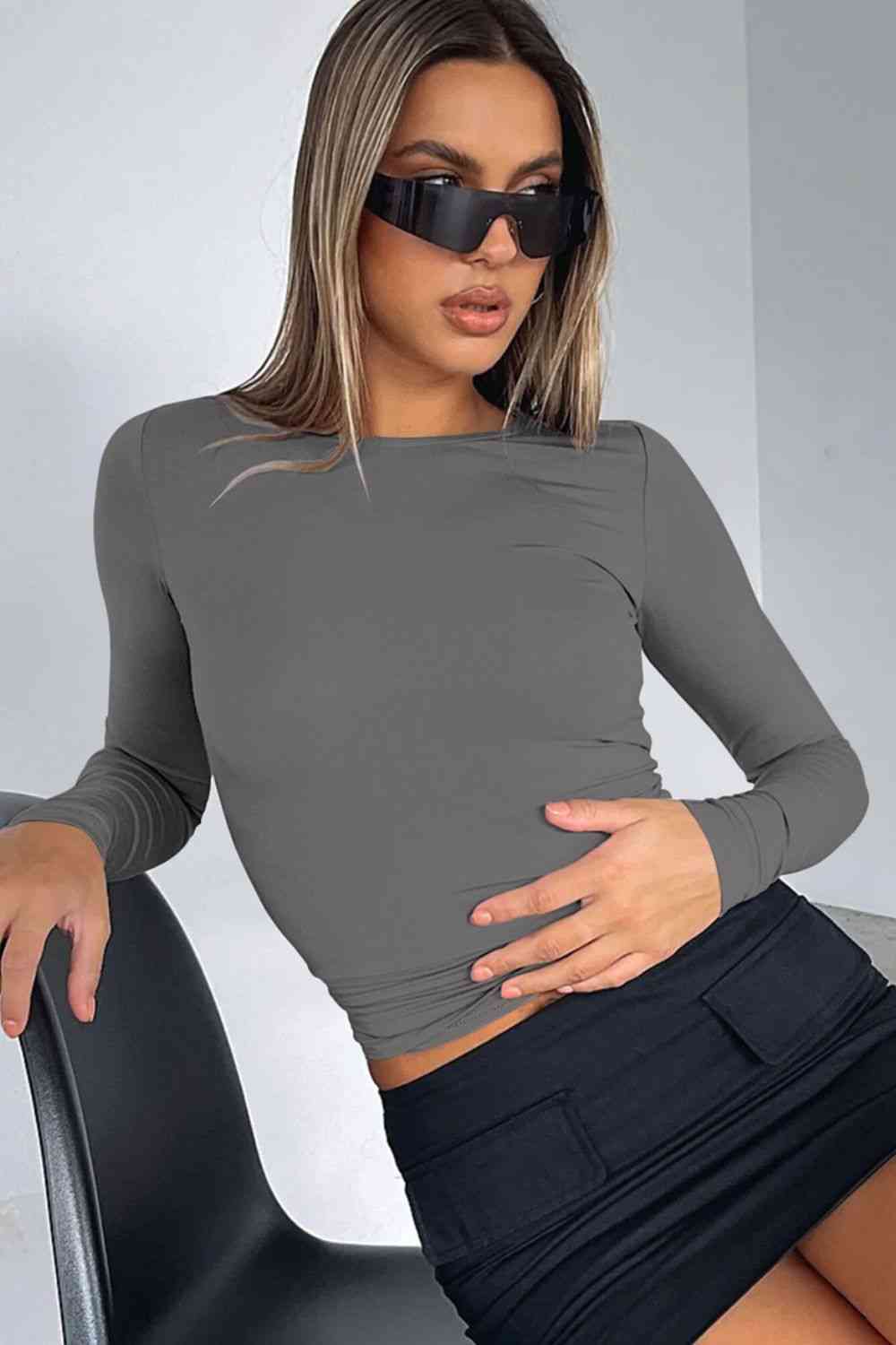 Round Neck Tight Bodycon Long-Sleeve Top