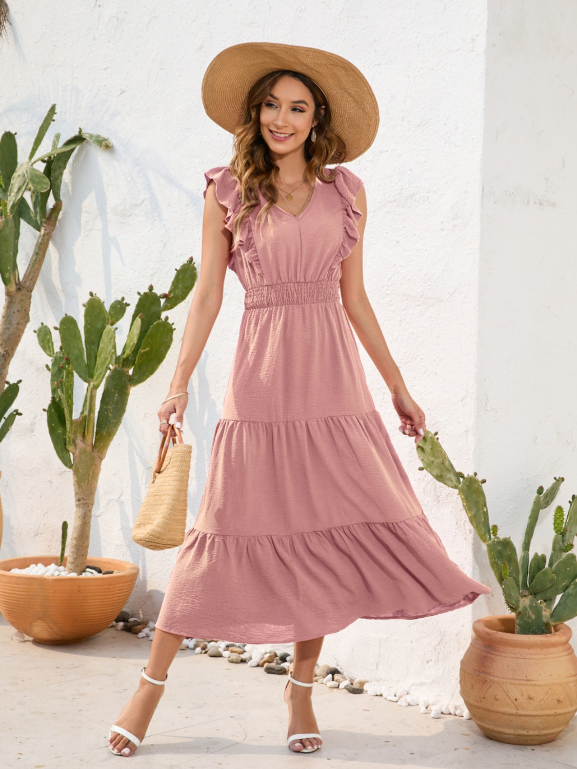 Cinch Waist Tiered Ruffled V-Neck Short Sleeve Maxi Dress New Women's Fashion casual day dresses