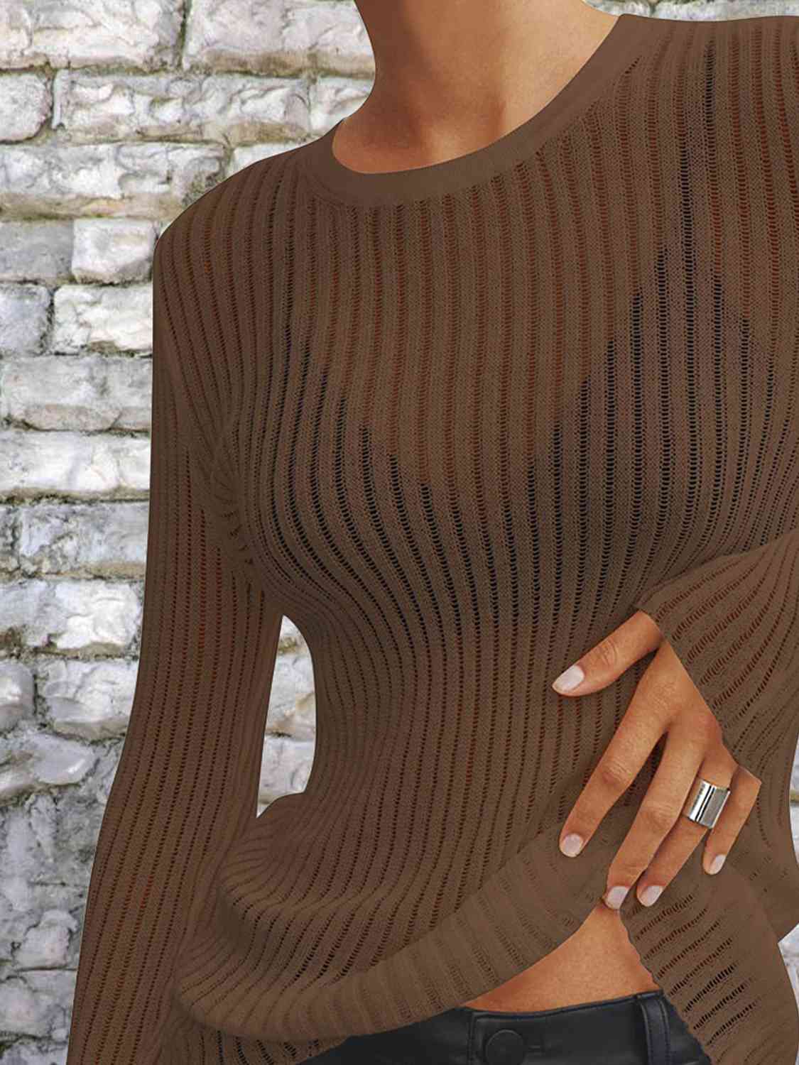 Women's Cotton Sheer See Through Round Neck Long Sleeve Ribbed Knit Top