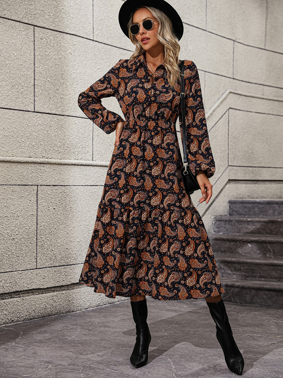 Womens Paisley Printed Long Sleeve Collared Casual Midi Dress