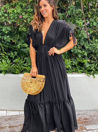 Plunge Neck Tie Sleeve Black Maxi Dress