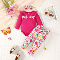 Bow Ruffled Round Neck Bodysuit and Printed Pants Set, Kids Fashion, Baby clothes, baby gifts