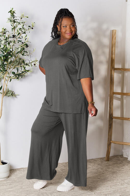 Double Take Full Size Round Neck Slit Top and Pants Set Loungewear T shirt and bottoms included