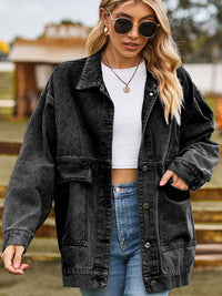 Collared Neck Button Up Denim Jacket - Shacket