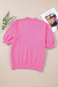 Flower Mock Neck Short Sleeve Womens Fashion Sweater