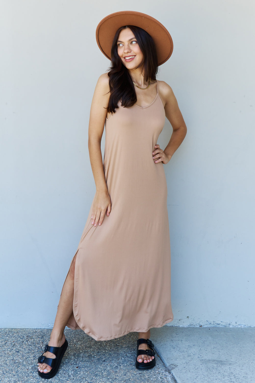 Ninexis Good Energy Full Size Cami Side Slit Casual Maxi Dress in Camel