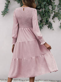 Women's Casual Maxi Cotton Dress Smocked Round Neck Long Sleeve Midi Dresses