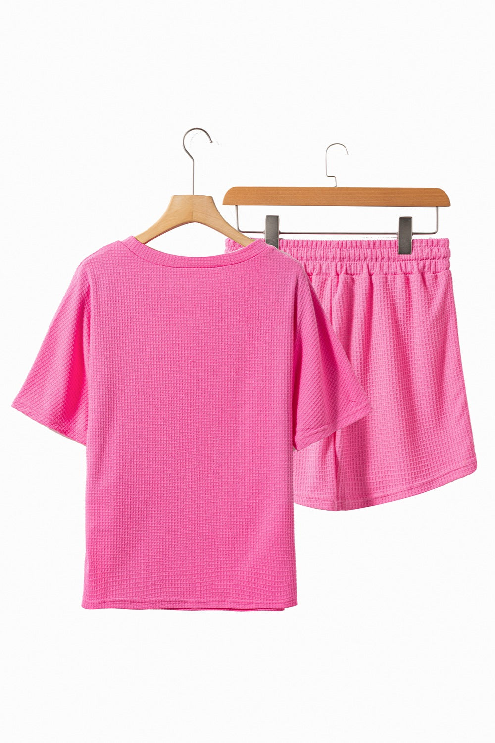 Pink Two Piece Outfit Set Women's Fashion Waffle-Knit Round Neck Top and Shorts Set