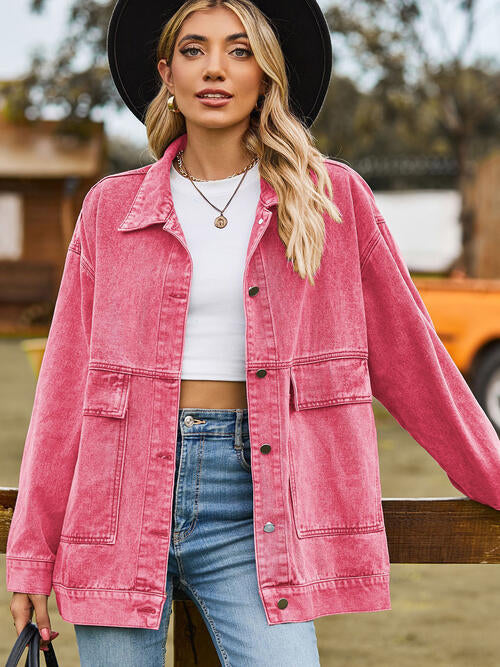 Collared Neck Button Up Denim Jacket - Shacket