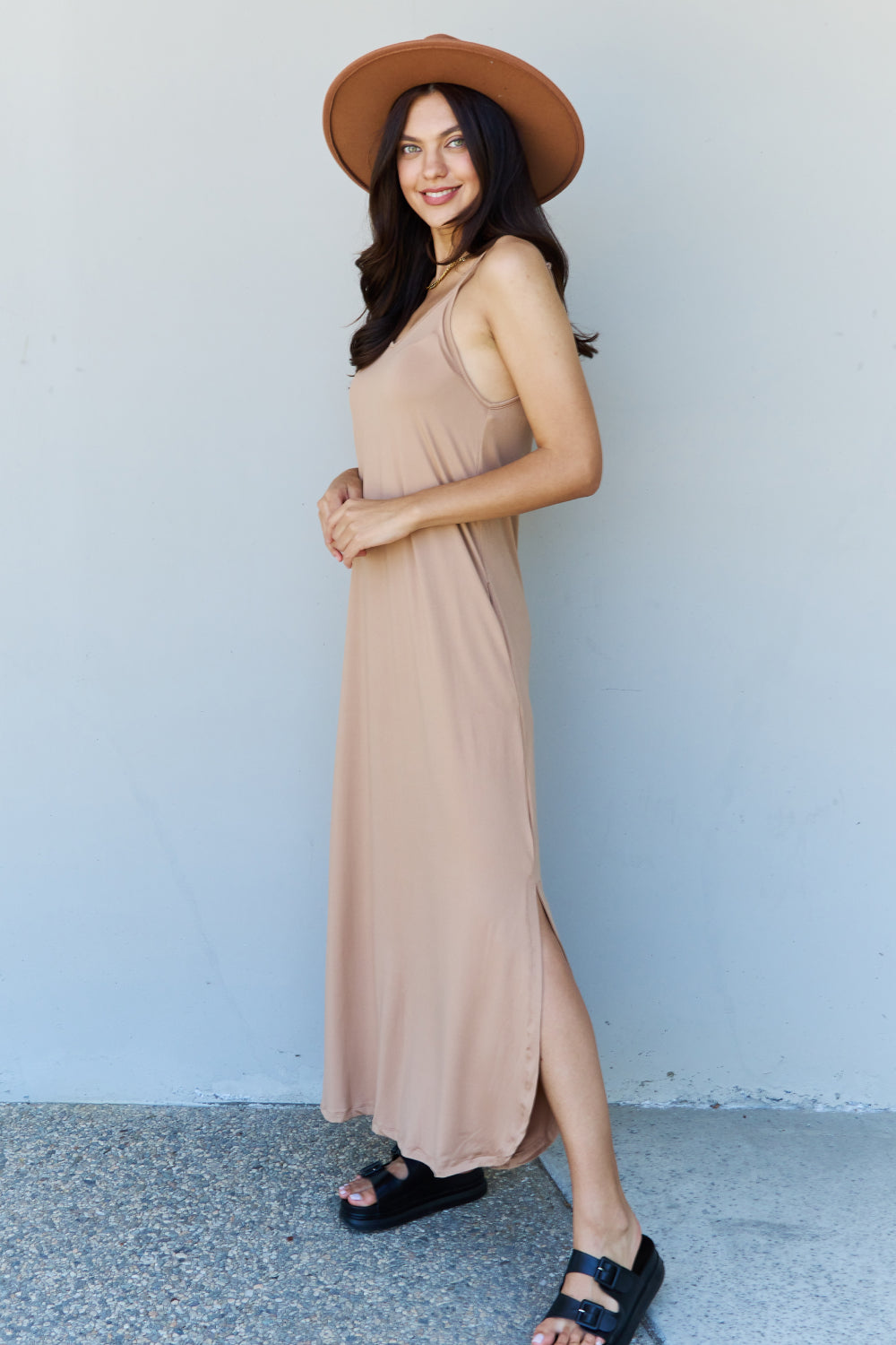 Ninexis Good Energy Full Size Cami Side Slit Casual Maxi Dress in Camel