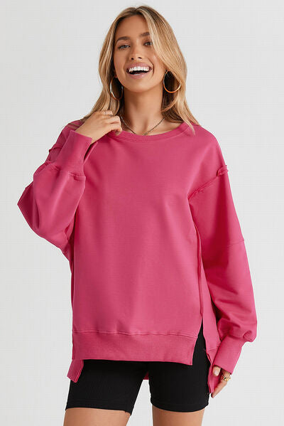 Fashion Sweater Slit Exposed Seam Round Neck Sweatshirt