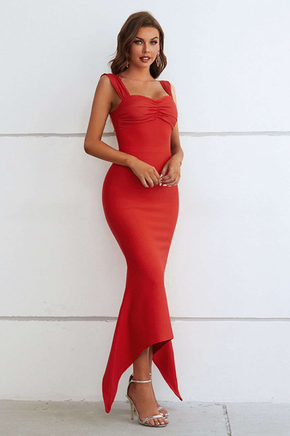 Red Maxi Dress Ruched Sweetheart Neck Hem Detail Bodycon Red Midi Dresses