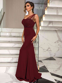 Women's One-Shoulder Elegant Rhinestone  Formal  Maxi Dress