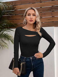 Solid Color Long Sleeve Cotton T-Shirt Women's Fashion Asymmetrical Neck Cutout Slim Fit Casual Top