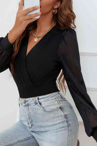 Surplice Mesh Long Sleeve Top  Bodysuit