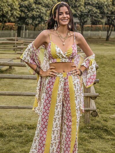 Matching Outfit Set Boho Printed Crop Top Cami Open Front Cover Up Kimono and Wide Leg Pants Set Three piece fashion outfit set KESLEY