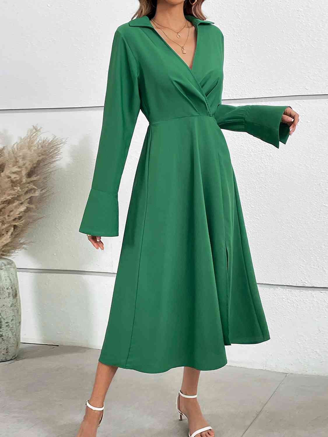 Women's Green Flare Sleeve Slit Midi Dress Professional Work Attire and Casual Wear