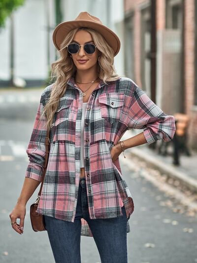 Plaid Button Up Dropped Shoulder Long Sleeve Shirt