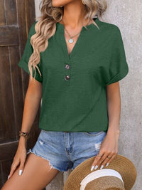 Notched Buttoned Short Sleeve T-Shirt Womens Tops