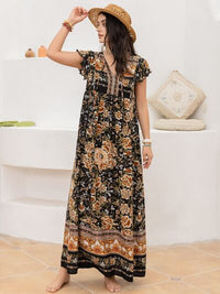 Womens Casual Boho Ruffled Printed Tie Neck Cap Sleeve Dress