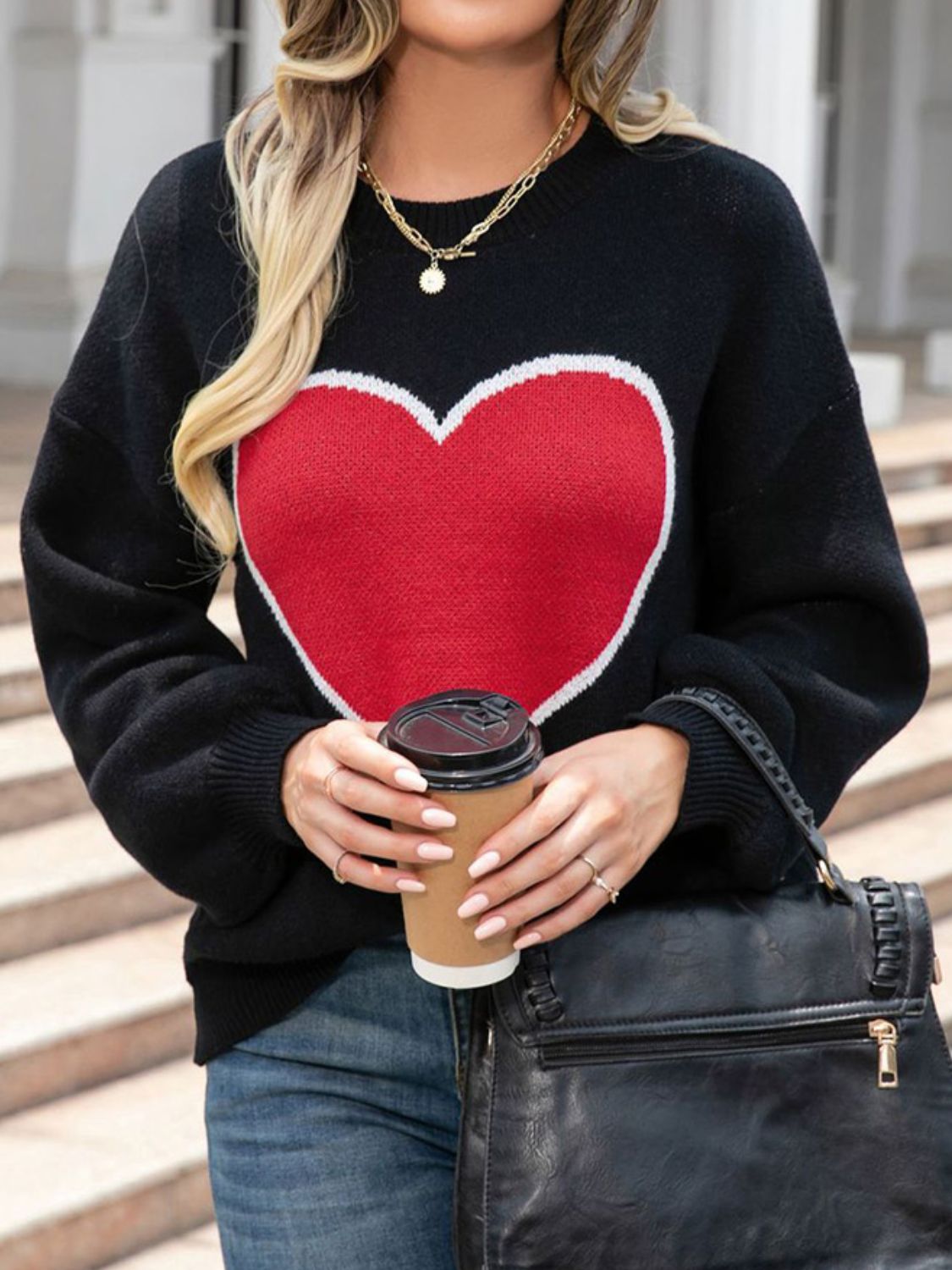 Fashion Sweater Women's Fashion Red Heart Print Round Neck Long Sleeve Sweater