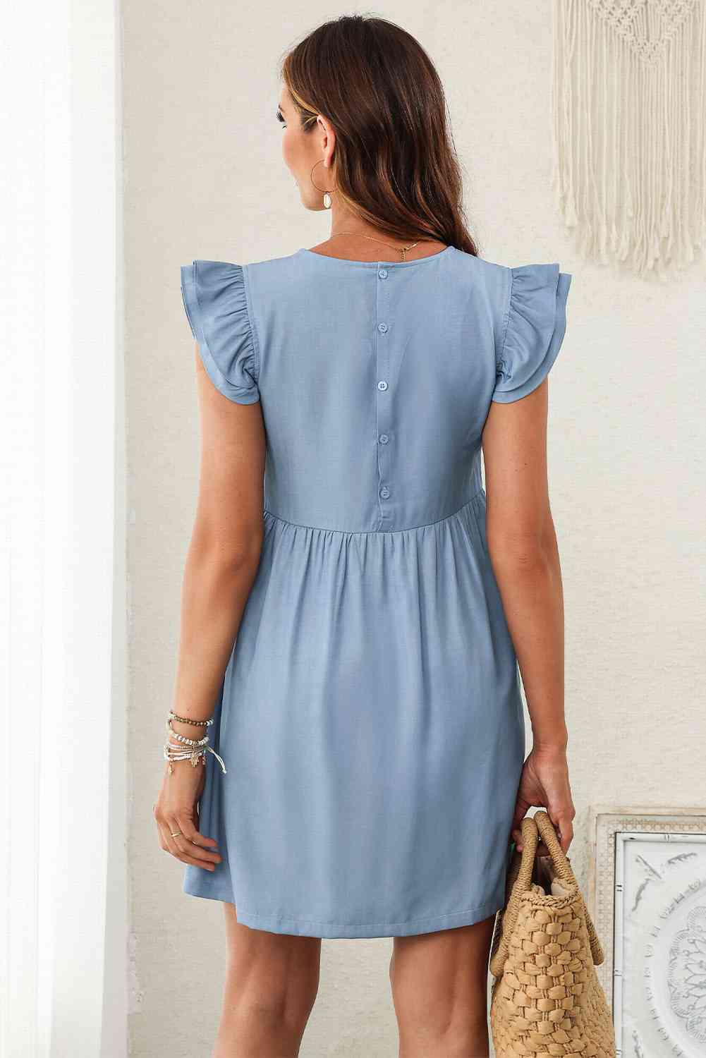 Round Neck Flutter Sleeve Casual Short Denim Dress