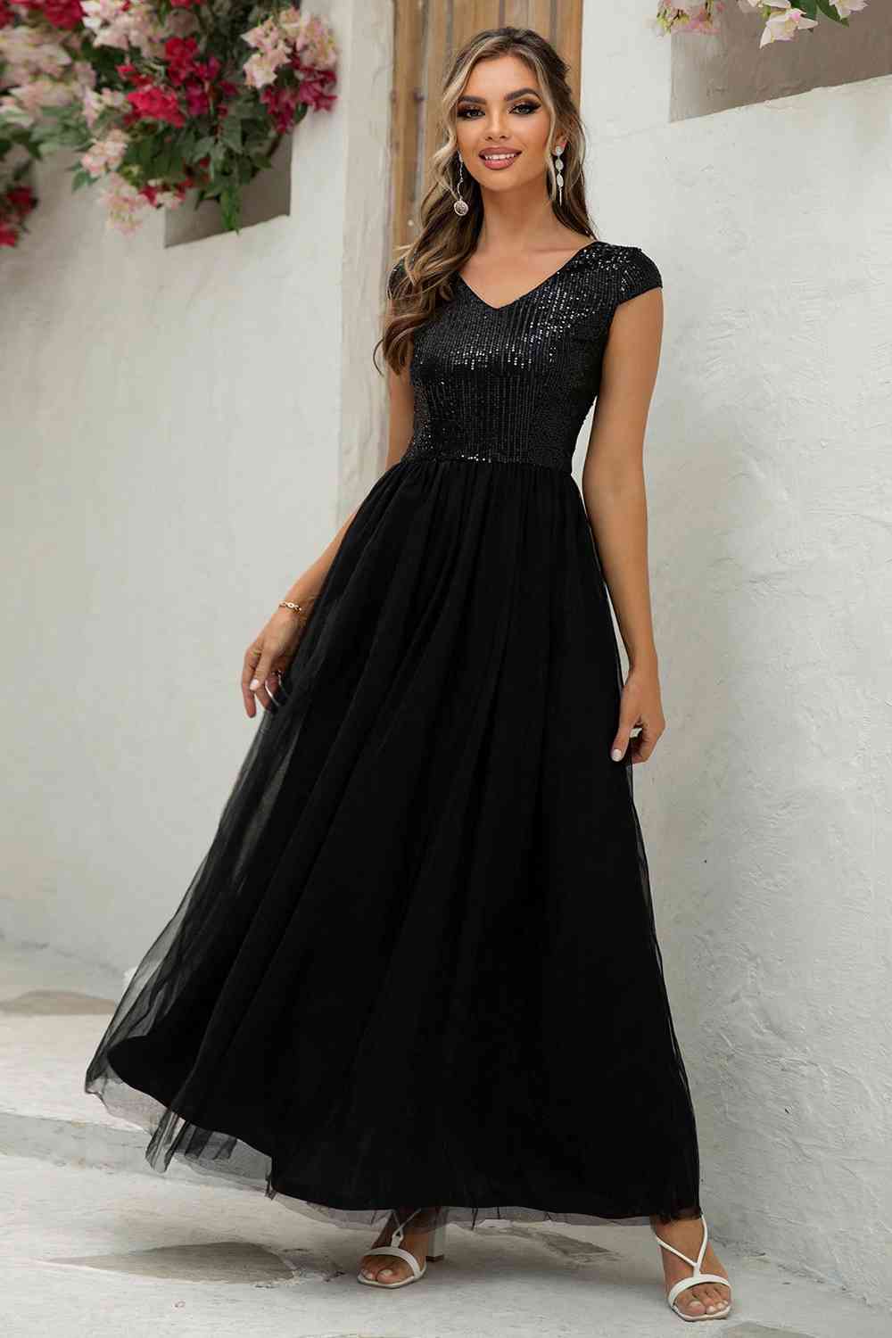 Sequin V-Neck Mesh Puffy Elegant Maxi Formal Party Dress