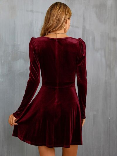 Long Sleeve V Neckline Velvet Surplice Puff Sleeve Mini Dress