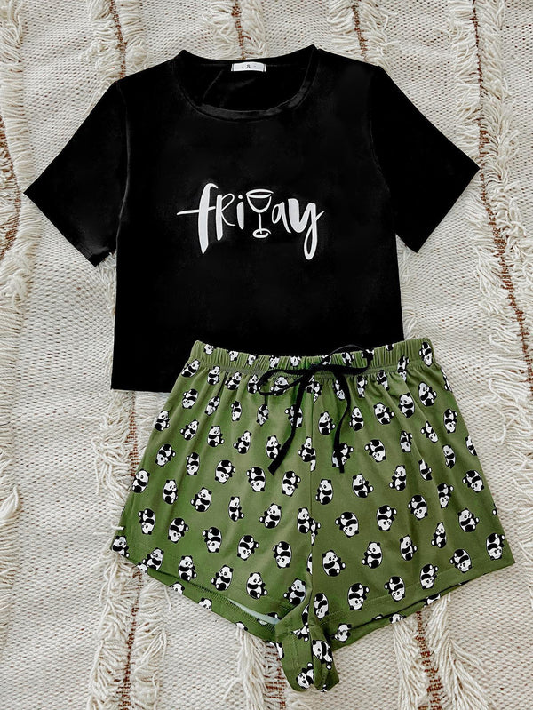 Friday T shirts, loungewear, funny t shirt quotes, panda pajamas, panda shorts, green panda shorts, friday wine t shirt, wine quotes, birthday gift ideas, sleepover party ideas, bridesmaids, quotes about wine, pajamas, cute pajamas, comfortable pajamas, GFIG,  