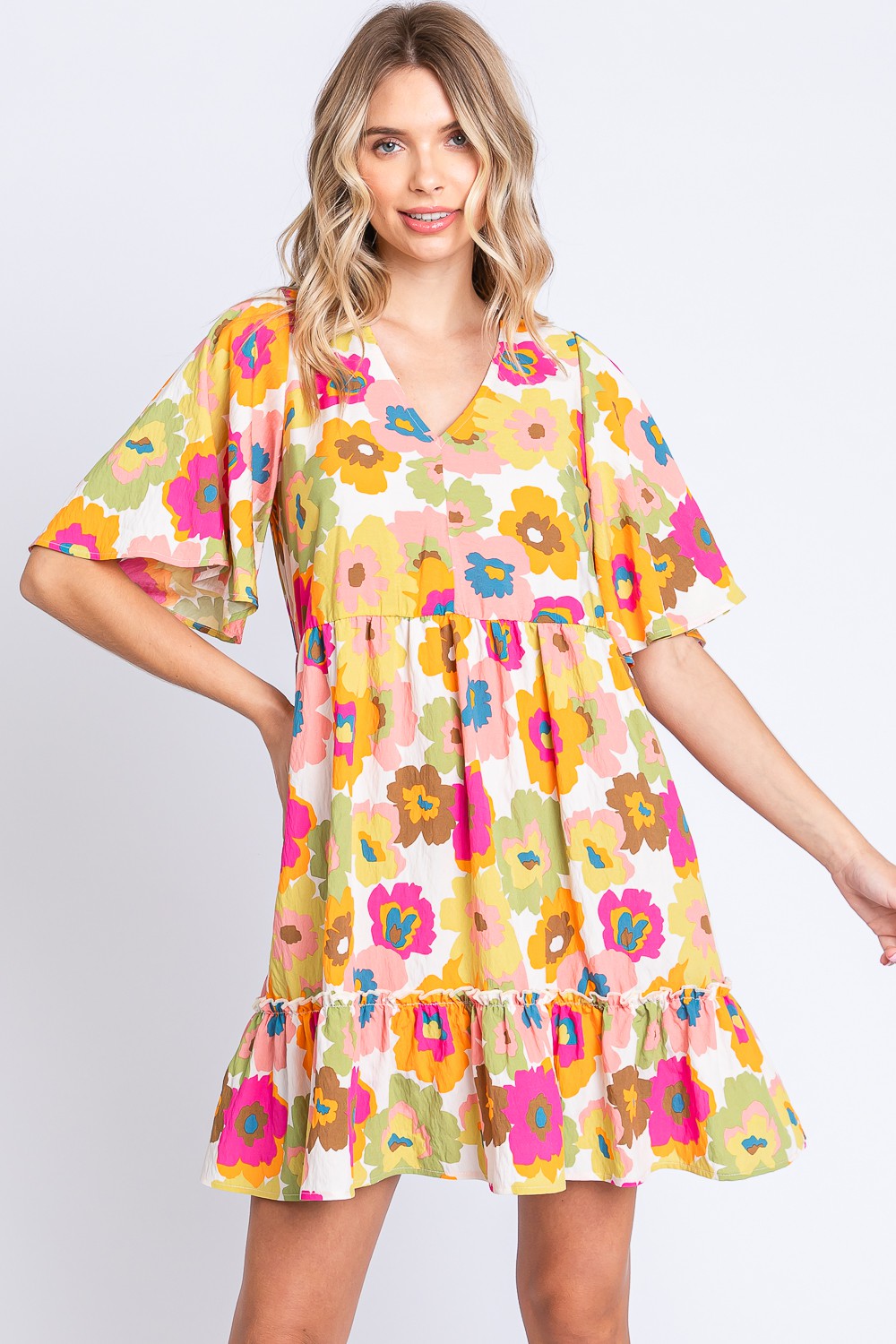 Casual Floral Dress V-Neck Ruffle Trim Mini Dress Petite and Plus Size Dresses and Women's Fashion