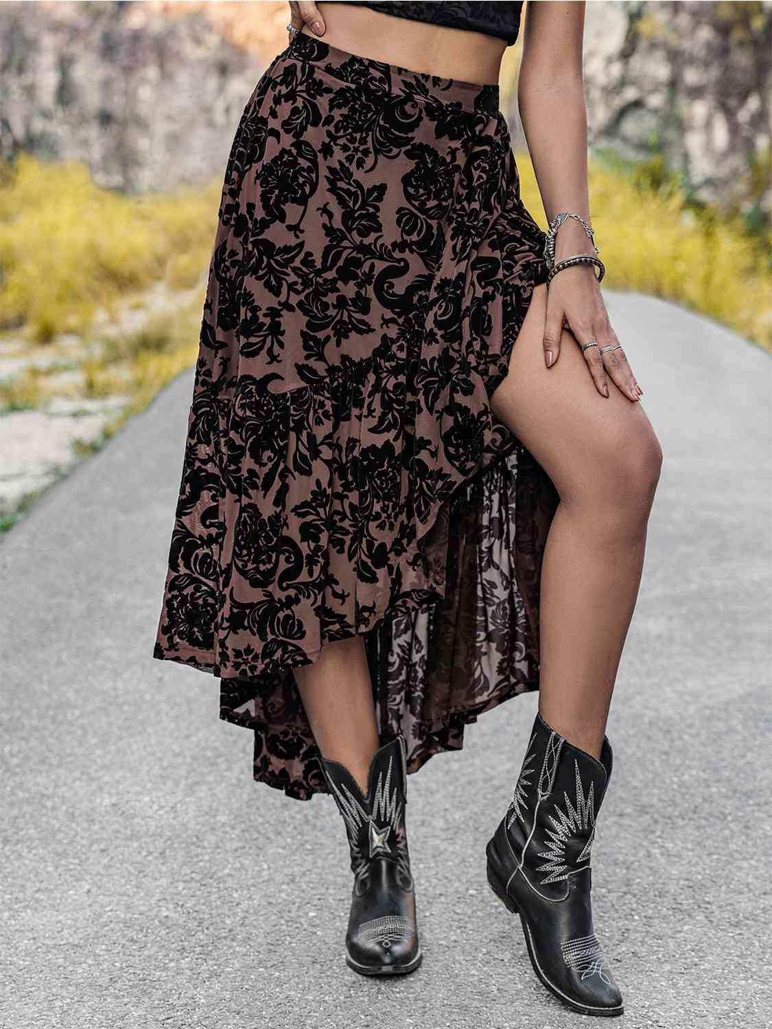 Boho Print Black Lace High Slit Printed Ruffled Midi Skirt