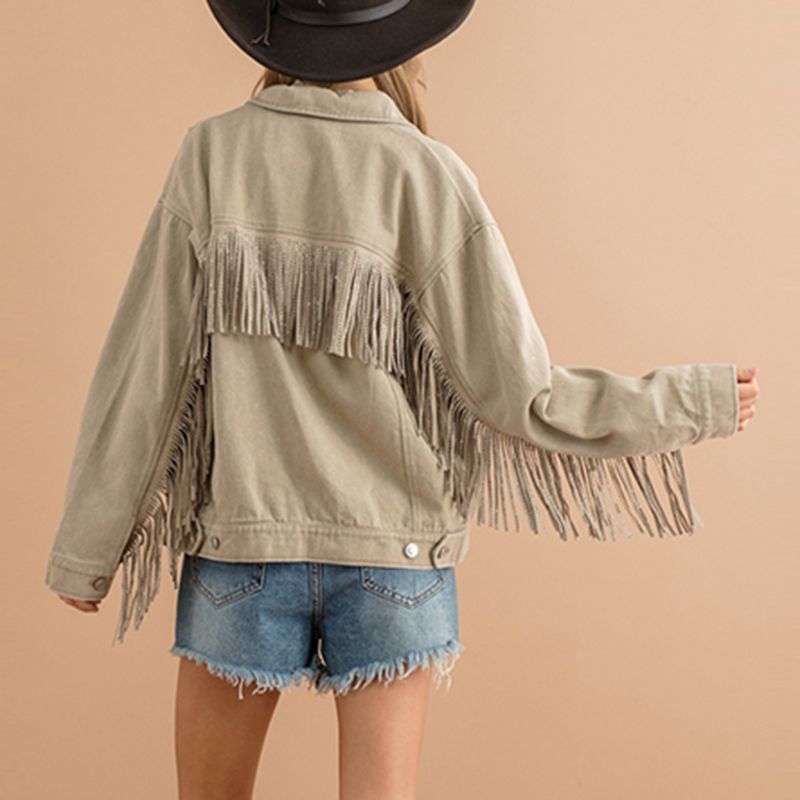 Fringe Denim Jacket Detail Dropped Shoulder Pink Shacket