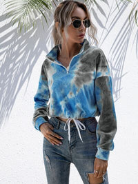 Women's Tie-Dye Sweater Cropped Quarter Zip Dropped Shoulder Fashion Sweatshirt