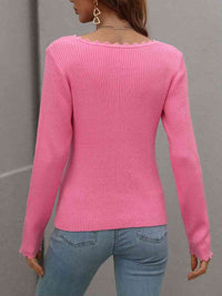 Long Sleeve Shirt Women's V-Neck Ribbed Knit Top