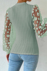 Womens Flower Sheer Top Double Take Textured Applique Long Sleeve Blouse