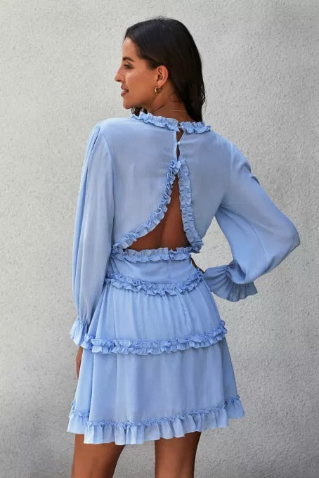 Dress, dresses, long sleeve dresses, black dress, black dresses, casual dresses, shirt dresses, flare dress, flare sleeve dresses, blue dresses, casual dresses, v neck dress, womens fashion, womens clothing , mini dresses, vacation dresses, womens fashion, nice dresses, backless dress, long sleeve backless dress, back cut out dresses, day dress, outfit ideas, cute clothes, tiktok fashion, party dress