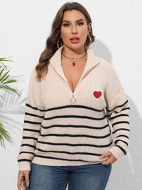 Plus Size Zip-Up Striped Sweater with heart print