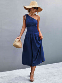 Women's Casual Maxi Dress Asymmetrical One Shoulder Smocked Waist Midi Dress