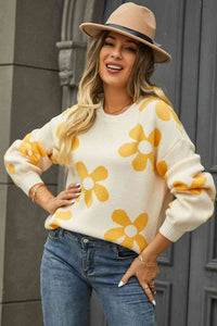 Floral Print Round Neck Dropped Shoulder Pullover Fashion Sweater