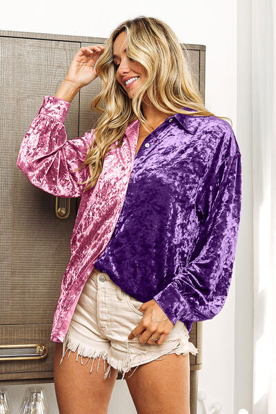 Velvet Contrast Button Up Long Sleeve Shirt Women’s Fashion Top